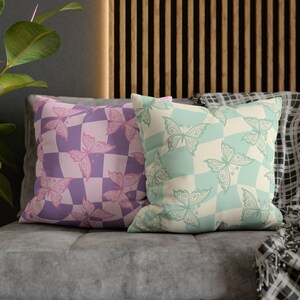 Checkered Throw Pillow, Butterfly Preppy Pillows, Preppy Room Decor, Aesthetic Y2K Pillow Cover, Cute Indie Pillow, Danish Pastel Room Decor