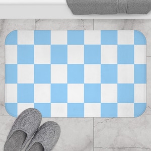 Blue Checkered Boho Bath Mat, Retro Bath Rug, Y2K Decor Aesthetic Funky Bathroom Rug, Preppy Checkerboard Rug, Danish Pastel Small Cute Rug