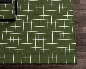 Mid Century Modern Atomic Starburst Area Rug, Boho Rug, Mcm Rug for Bedroom, Retro Olive Green Funky Abstract Rug, Kitchen Rug, Colorful Rug