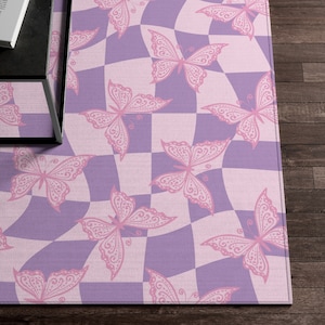 Purple Pink Checkered Rug, Checkerboard Butterfly Rug, Cute Rug, Preppy Room Decor, Aesthetic Y2K Area Rug, Indie Danish Pastel Room Decor