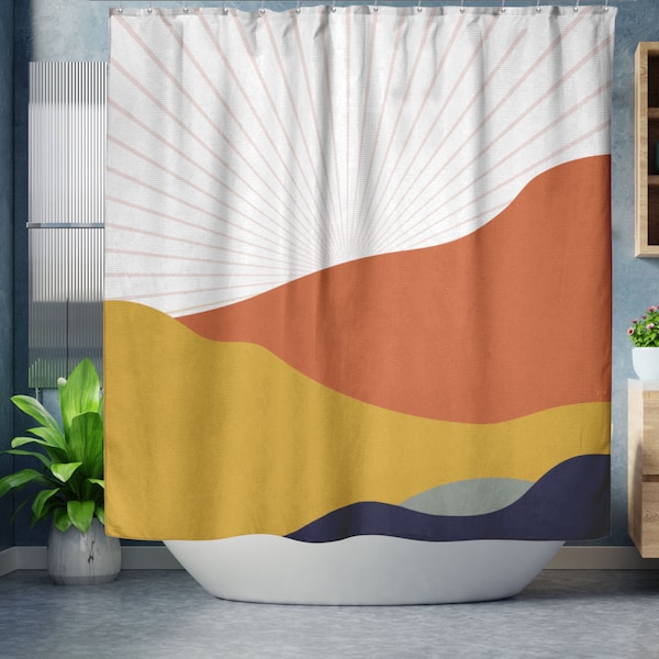 Mountain Sunset Boho Shower Curtain, Abstract Art Mid Century Modern Shower Curtain, Retro Bohemian Bathroom