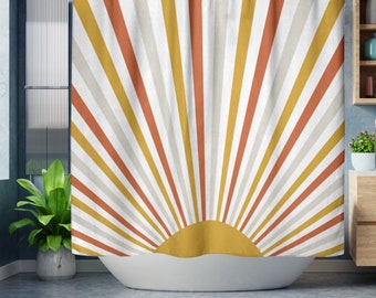 Boho Shower Curtain, Abstract Sunburst Mid Century Sun Modern Bohemian Shower Curtain, Burnt Orange Mustard Yellow Sunset Retro Bathroom