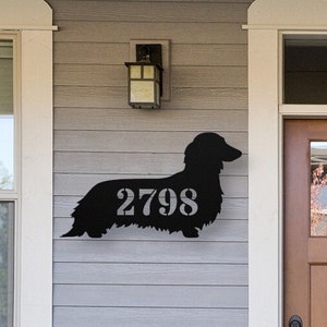 Long Haired Dachshund Custom House Number Sign, Dachshund Gift, Personalized Dachshund Decor Large Metal Wall Art, Doxie Dog Wall Decoration