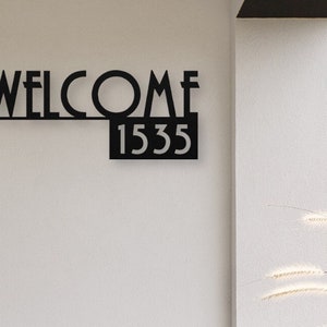 Mid Century Modern Custom Metal House Number Sign, Welcome Sign for Front Porch, Personalized Metal Address Sign, Retro Large Metal Wall Art