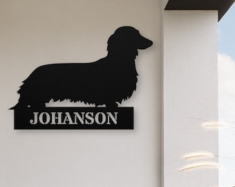 Long Haired Dachshund Custom Metal Last Name Sign for Wall, Dachshund Gift, Personalized Doxie Decor Metal Wall Art, Weenie Wiener Dog Gifts