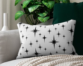 Retro Lumbar Pillow, Black and White Atomic Starburst Mid Century Modern Boho Throw Pillow Cover, 1950s 1960s Vintage Style Home Decor