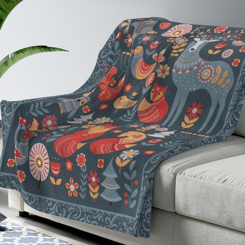 Scandinavian Folk Art Throw Blanket Norwegian Folk Art Boho Etsy