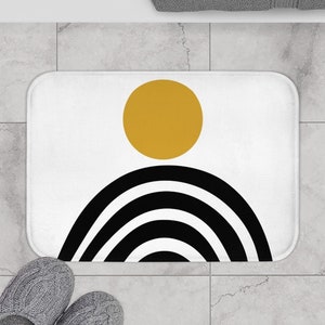 Boho Bath Mat, Mustard Yellow Black Abstract Retro Rainbow Bohemian Bath Rug, Mid Century Modern Sun Shower Mat, Boho Chic Minimalist Decor
