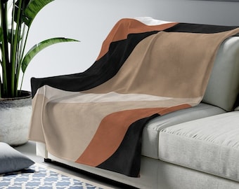 Boho Throw Blanket, Abstract Shapes Modern Soft Blanket, Retro Throw Blanket, Beige Brown Black Terracotta Plush Bohemian Throw Blanket