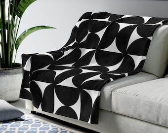 Retro Throw Blanket, Abstract Shapes Mid Century Modern Soft Blanket, Black and White Lightweight Plush Boho Throw Blanket, 50s 60s Decor