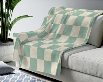 Checkered Throw Blanket, Sage Green Yellow Danish Pastel Room Decor Soft Blanket, Y2K Decor, Cute Boho Throw Blanket, Retro Checkered Decor