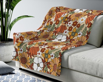Retro Throw Blanket, 70s Flower Blanket, Yellow Brown Floral Boho Throw Blanket, Lightweight Hippie Plush Blanket, Groovy 60s Home Decor