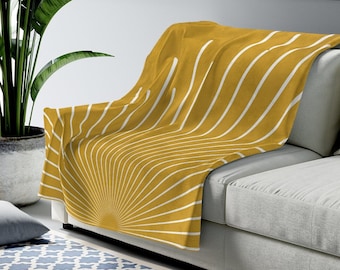 Boho Throw Blanket, Mid Century Modern Sunburst Soft Retro Throw Blanket, Mustard Yellow Mid Century Sun Lightweight Plush Bohemian Blanket