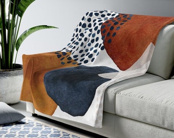 Abstract Art Boho Throw Blanket, Abstract Shapes Soft Blanket, Navy Burnt Orange Rust Ivory Lightweight Plush Bohemian Chic Throw Blanket
