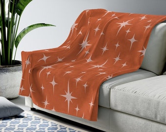 Retro Throw Blanket, Terracotta Pink Atomic Starburst Mid Century Modern Soft Blanket, Burnt Orange Plush Boho Throw Blanket, 50s 60s Decor