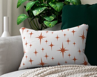 Retro Lumbar Pillow, Terracotta Atomic Starburst Mid Century Modern Boho Throw Pillow Cover, Burnt Orange 50s 60s Vintage Style Funky Decor