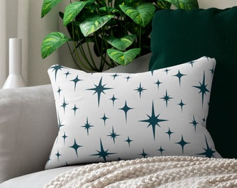 Retro Lumbar Pillow, Dark Teal Atomic Starburst Mid Century Modern Boho Throw Pillow Cover, Blue Green 1950s 1960s Vintage Style Home Decor