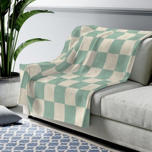 Checkered Throw Blanket, Sage Green Yellow Danish Pastel Room Decor Soft Blanket, Y2K Decor, Cute Boho Throw Blanket, Retro Checkered Decor