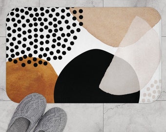 Abstract Art Bath Mat, Non-slip Modern Boho Chic Bath Rug with Abstract Shapes in Black Burnt Orange Beige White, Bohemian Shower Mat