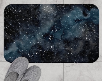 Galaxy Bath Mat, Watercolor Space Bath Rug, Blue Nebula Stars Celestial Bathroom, Space Decor, Outer Space Shower Mat, Blue and Black