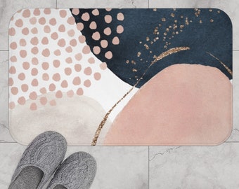 Abstract Art Bath Mat, Non-slip Modern Bath Rug with Organic Watercolor Shapes in Pink Navy Ivory White and Gold, Boho Chic Bathroom Decor