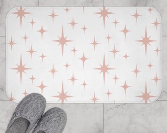 Retro Bath Mat, Atomic Starburst Pink and White Mid Century Modern Boho Bath Rug, Abstract Vintage Style Shower, 1950s 1960s Bathroom Decor