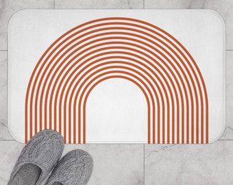 Boho Bath Mat, Burnt Orange Mid Century Modern Rainbow Bohemian Bath Mat, Boho Chic Retro Vintage Style Minimalist Terracotta Bath Rug