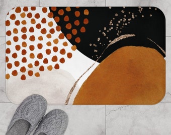 Alfombra de baño de arte abstracto, alfombra de baño moderna antideslizante con formas orgánicas de acuarela en oro marfil negro naranja quemado, decoración de baño boho chic