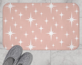 Retro Bath Mat, Atomic Starburst Pink and White Mid Century Modern Boho Bath Rug, Abstract Vintage Style Shower, 1950s 1960s Bathroom Decor