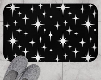 Retro Bath Mat, Atomic Starburst Black and White Mid Century Modern Boho Bath Rug, Abstract Vintage Style Shower, 1950s 1960s Bathroom Decor