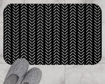 Boho Bath Mat, Minimalist Mudcloth Chevron Pattern, Black and White Bath Rug, Modern Minimal Bohemian Shower Mat, Modern Bathroom