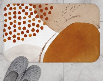 Tapis de bain d’art abstrait, tapis de bain boho chic moderne avec des formes d’aquarelle organiques en orange brûlé beige et or, tapis de douche boho esthétique