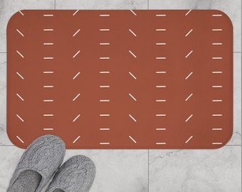 Boho Bath Mat, Minimalist Mudcloth Lines Pattern, Boho Chic Terracotta Burnt Orange Bath Rug, Modern Minimal Bohemian Shower Mat