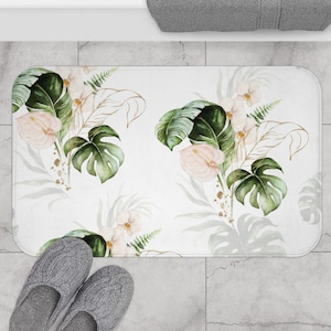 Tropical Floral Green and Gold Brown Bath Mat, Non-slip Modern Bath Rug with Watercolor Monstera Leaves Flowers, Botanical Jungle Shower Mat