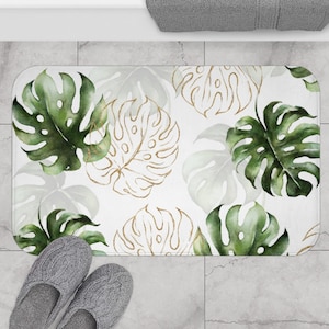 Tropical Leaves Green and Gold Brown Bath Mat, Non-slip Modern Bath Rug with Stylish Watercolor Monstera, Botanical Jungle Shower Mat Decor