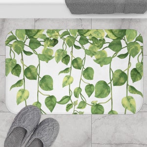 Golden Pothos Leaves Green Bath Mat, Botanical Bath Rug, Modern Minimalist Watercolor Plants Leaves Vines, Farmhouse Bathroom Decor