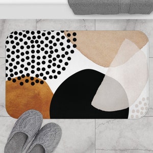 Abstract Art Bath Mat, Non-slip Modern Boho Chic Bath Rug with Abstract Shapes in Black Burnt Orange Beige White, Bohemian Shower Mat