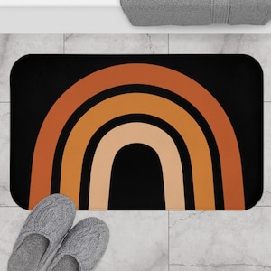 Mid Century Modern Bath Mat, Terracotta Rainbow Boho Bath Rug, Retro Rug, Abstract Boho Chic Minimalist Shower Mat, Burnt Orange Beige Black