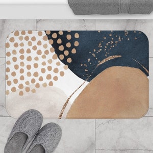 Abstract Art Bath Mat, Non-slip Modern Bath Rug with Organic Watercolor Shapes in Beige Navy Ivory White and Gold, Boho Chic Bathroom Decor
