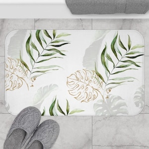 Tropical Green and Gold Brown Bath Mat, Non-slip Modern Bath Rug with Watercolor Monstera Palm Banana Leaves, Botanical Jungle Shower Mat