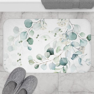 Eucalyptus Green Bath Mat, Botanical and Floral Bath Rug, Modern Minimalist Watercolor Plants Leaves and Vines, Farmhouse Bathroom Decor