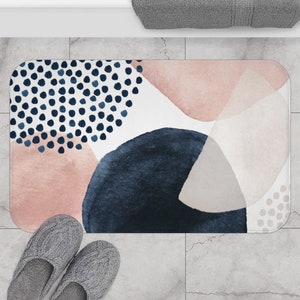 Abstract Art Bath Mat, Non-slip Modern Boho Chic Bath Rug with Organic Watercolor Shapes in Navy, Pink and Ivory, Bohemian Shower Mat