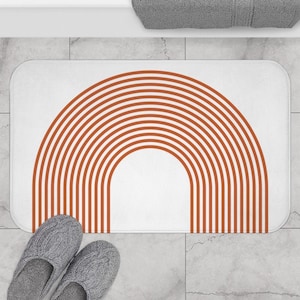 Boho Bath Mat, Burnt Orange Mid Century Modern Rainbow Bohemian Bath Mat, Boho Chic Retro Vintage Style Minimalist Terracotta Bath Rug