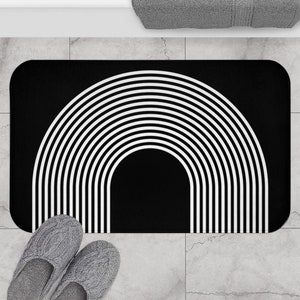 Boho Bath Mat, Black and White Mid Century Modern Rainbow Bohemian Bath Mat, Boho Chic Retro Vintage Style Minimalist Black Bath Rug