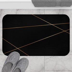 Minimalist Geometric Bath Mat, Black and Gold Brown Modern Bath Rug, Minimal Stylish Shower Mat, Elegant Bathroom Decor