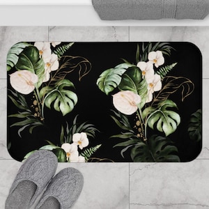 Tropical Floral Black Green Gold Bath Mat, Aesthetic Non-slip Modern Bath Rug w/ Monstera Leaves & Pink Flowers, Botanical Jungle Shower Mat
