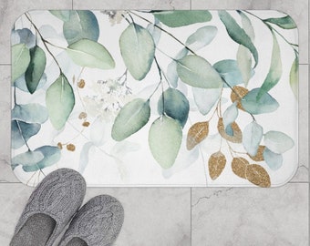 Eucalyptus Botanical Green and Gold Brown Bath Mat, Non-slip Modern Bath Rug with Stylish Watercolor Leaves and Vines, Farmhouse Decor