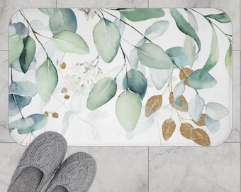 Eucalyptus Botanical Green and Gold Brown Bath Mat, Non-slip Modern Bath Rug with Stylish Watercolor Leaves and Vines, Farmhouse Decor