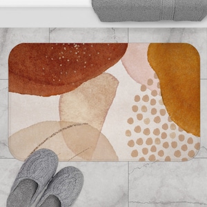 Abstract Art Bath Mat, Non-slip Modern Bath Rug with Organic Watercolor Shapes in Rust, Terracotta, Beige, Mustard Yellow, Pink and Gold
