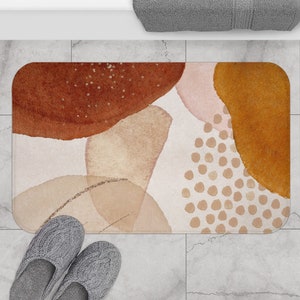 Abstract Art Bath Mat, Non-slip Modern Bath Rug with Organic Watercolor Shapes in Rust, Terracotta, Beige, Mustard Yellow, Pink and Gold
